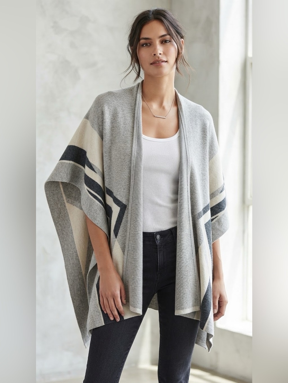 Roots Canada Grey Geometric Stripe Knit Poncho / Open-Front Cape Wrap – One Size